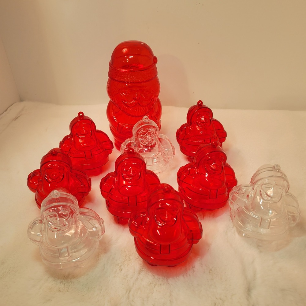 Christmas Santa Candy Container Plastic‎ Red & Clear Ornaments Set of 10